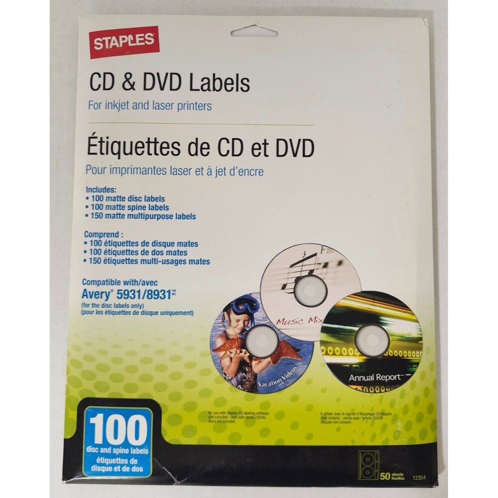 Staples Laser Inkjet CD DVD Labels 50 Sheet Pack 100 Labels Matte Item 12354 New